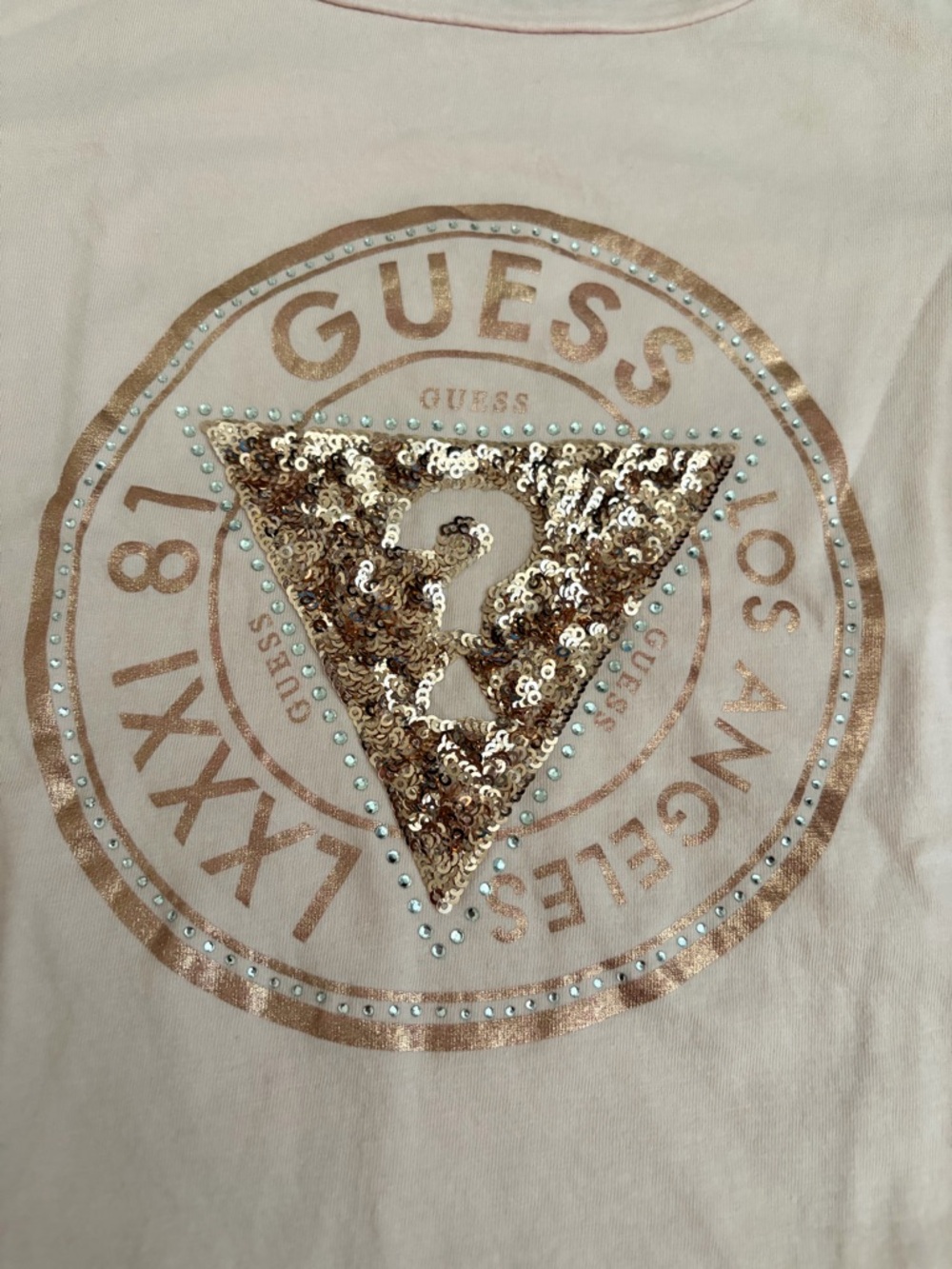 GUESS Light Pink Short Sleeve Tee with Rose Gold Sequin Logo - Picture 2 of 4